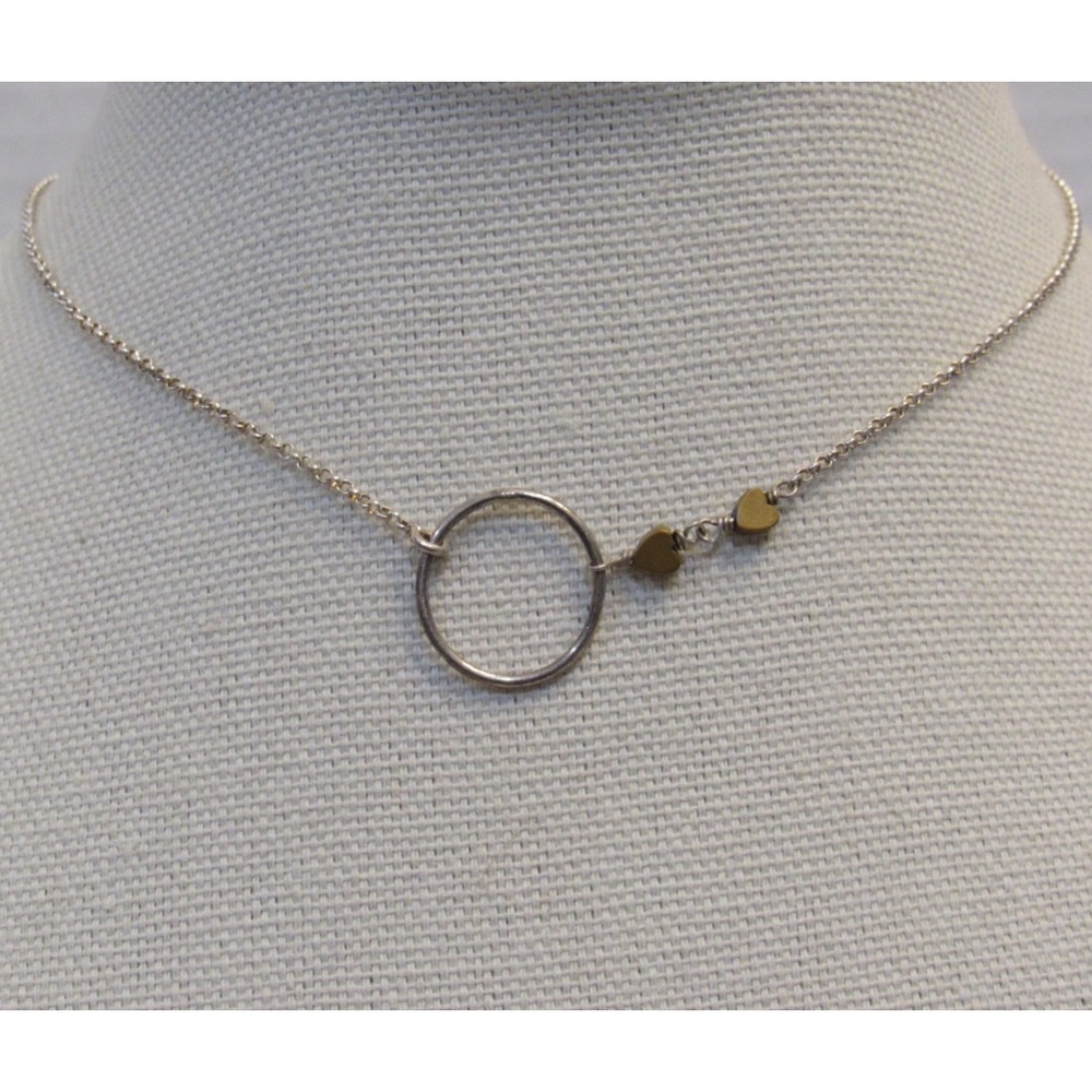 Silver Tone Circle Necklace with Gold Tone Hearts Minimalist Mixed Metal 18‎ In